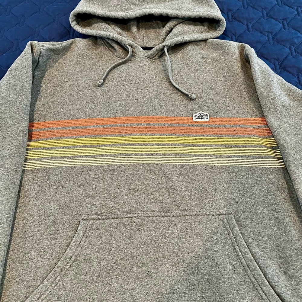 Patagonia Gray Hoodie with Orange and Yellow Stripes